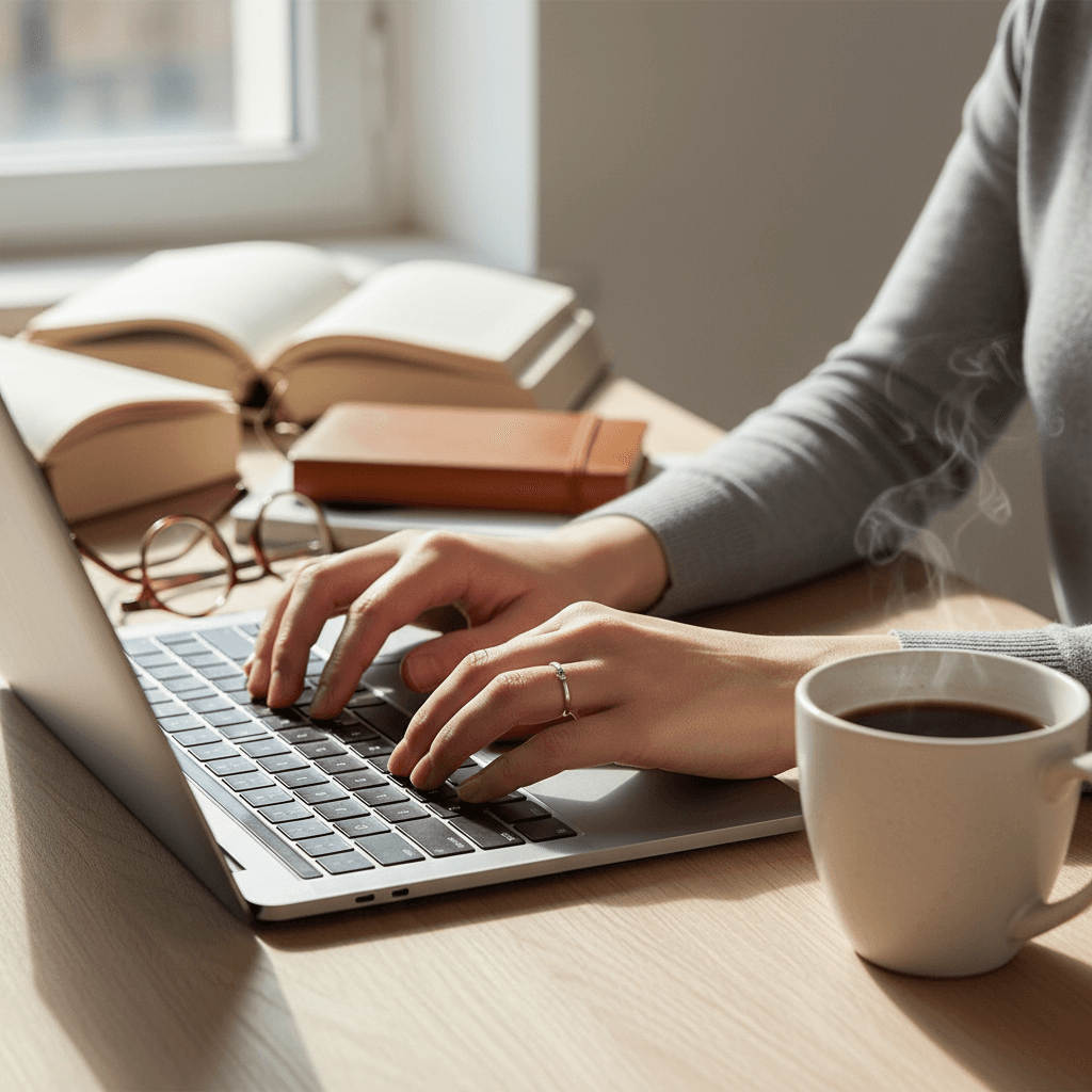 Clean desk with laptop and notebook in a modern office